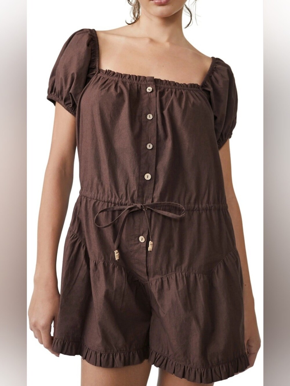 Free People Chocolate Brown Button-Front Short Sleeve Jumpsuit